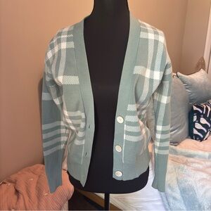Sioni Women's Plaid Cardigan Sweater - Light Blue and White